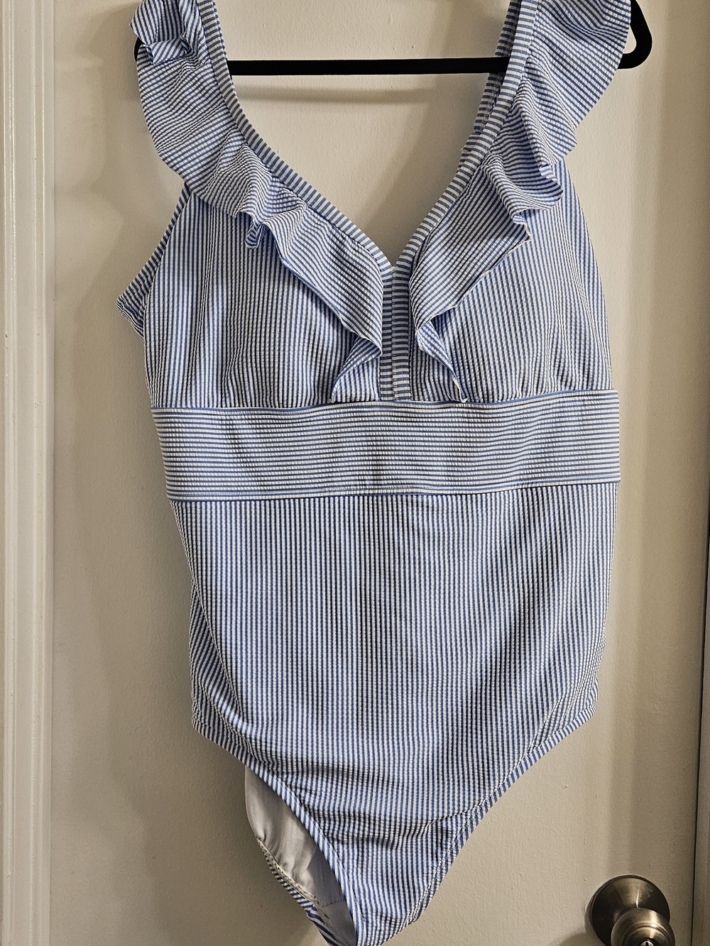 Time and Tru Blue and White Striped Ruffle V-Neck One-Piece Swimsuit